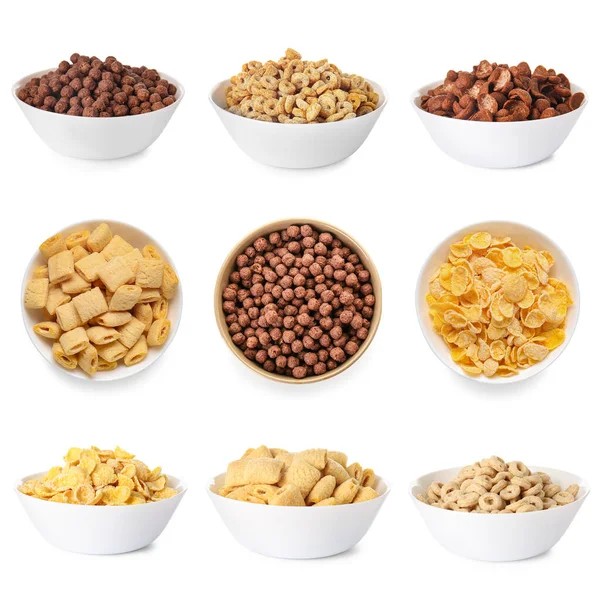 Set Bowls Different Tasty Breakfast Cereals Isolated White Royalty Free Stock Images