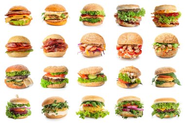 Beyaza izole edilmiş bir sürü lezzetli hamburger. 