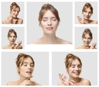 Genç ve güzel bir bayanla kolaj. Cilt bakımı kavramı