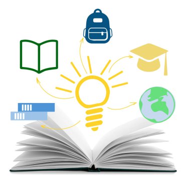 Beyaz arkaplana açık kitap ve çizilmiş okul simgeleri