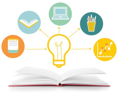 Açık kitap ve beyaz arkaplan üzerine çizilmiş okul malzemeleri