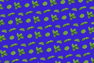 Mavi arka planda bir sürü nane yaprağı var. Tasarım için desen