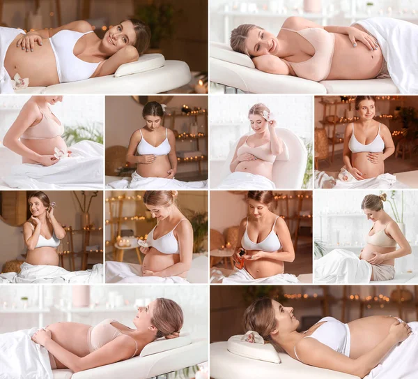 Colaj Femeie Gravidă Frumoasă Care Relaxează Salonul Spa — Fotografie, imagine de stoc