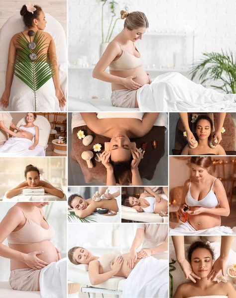 Collage Avec Belles Jeunes Femmes Relaxantes Dans Salon Spa — Photo