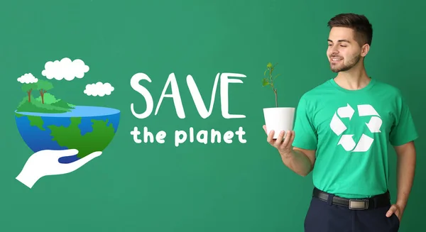 Póster Con Hombre Camiseta Con Cartel Reciclaje Planta Sobre Fondo —  Fotos de Stock