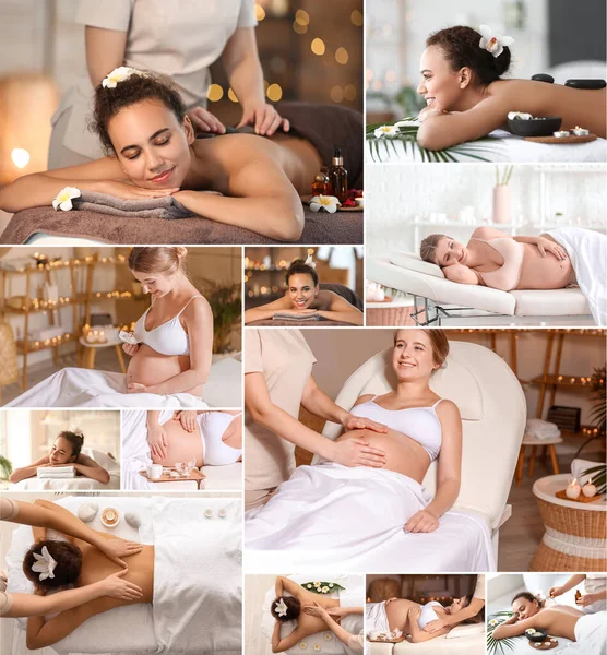 Collage Con Belle Giovani Donne Che Rilassano Nel Salone Spa — Foto Stock