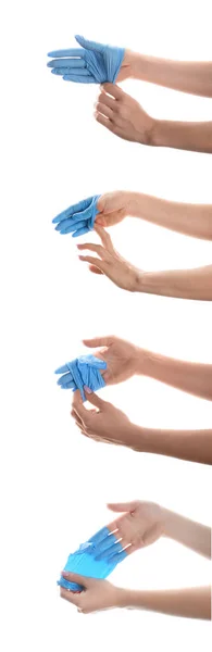 Σύνολο Χεριών Που Βγάζουν Ιατρικά Γάντια Λευκό Φόντο — Φωτογραφία Αρχείου