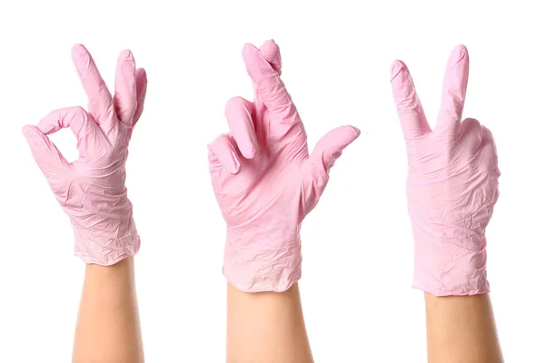 Conjunto Manos Gestuosas Guantes Médicos Rosados Aislados Blanco —  Fotos de Stock