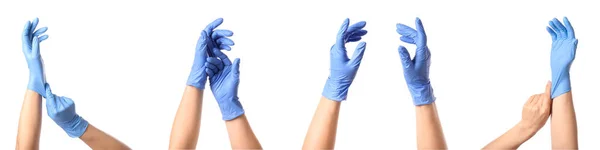 Conjunto Mãos Luvas Médicas Isoladas Branco — Fotografia de Stock