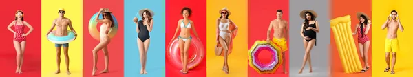 Group Young People Stylish Swimwear Inflatable Rings Mattress Color Background — Stock Photo, Image