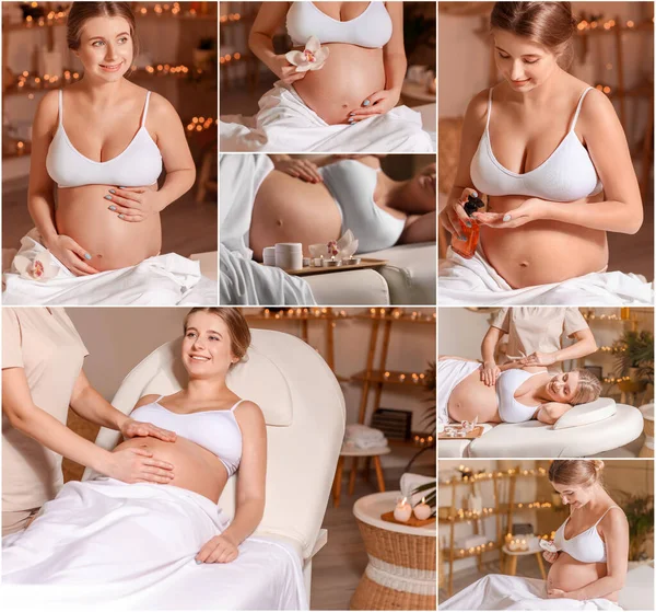 Güzeller Güzeli Hamile Bir Kadınla Kaplıca Salonunda Kolaj — Stok fotoğraf