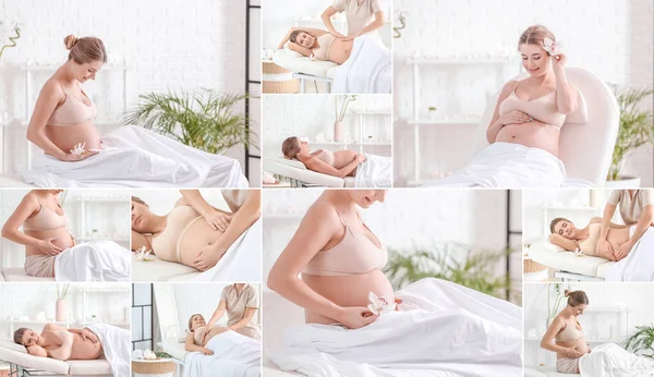 温泉サロンでリラックスした美しい妊娠中の女性とコラージュ — ストック写真