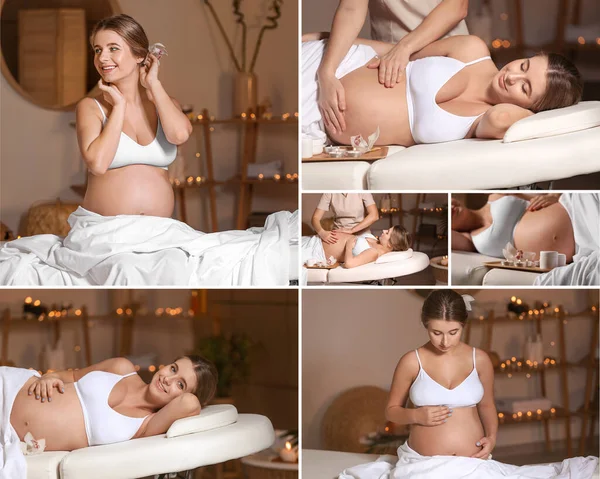 Güzeller Güzeli Hamile Bir Kadınla Kaplıca Salonunda Kolaj Yapmak — Stok fotoğraf