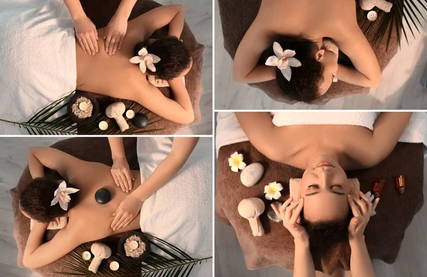 Collage Met Mooie Afro Amerikaanse Vrouw Ontspannen Spa Salon Bovenaanzicht — Stockfoto