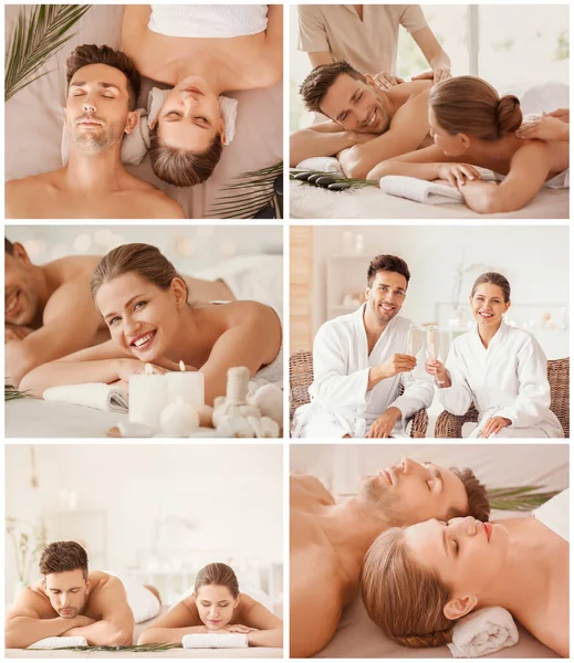 Collage Young Couple Relaxing Spa Salon — Stock Photo, Image