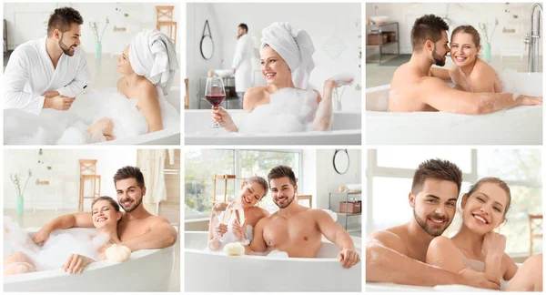 Collage Con Giovane Coppia Fare Bagno — Foto Stock