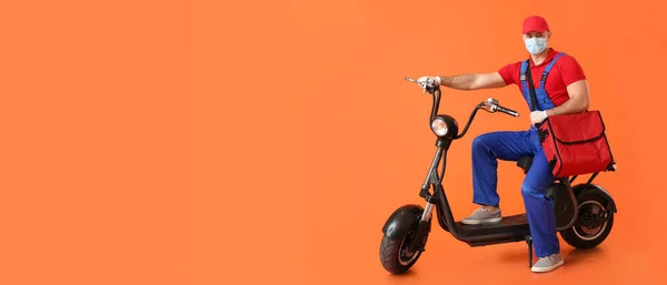 Courier Food Delivery Service Electric Scooter Orange Background Space Text — Stock Photo, Image