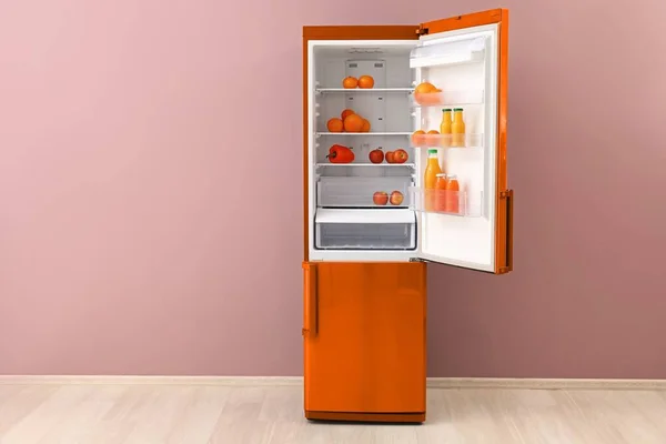 Big Open Fridge Fresh Products Color Wall — Stock Photo, Image