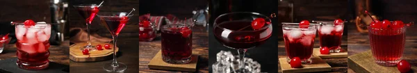 Collage Med Välsmakande Manhattan Cocktails Mörk Bakgrund — Stockfoto