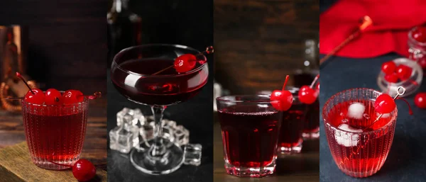 Collage Mit Leckeren Manhattan Cocktails Auf Dunklem Hintergrund — Stockfoto
