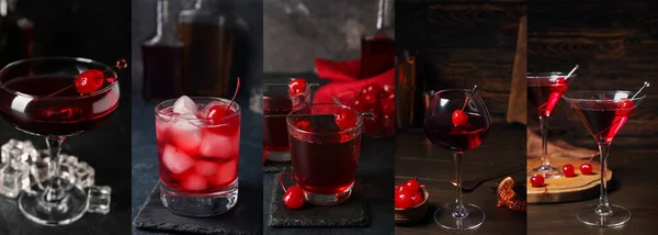 Collage Med Välsmakande Manhattan Cocktails Mörk Bakgrund — Stockfoto