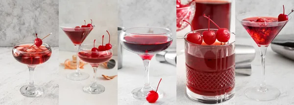 Collage Mit Leckeren Manhattan Cocktails Auf Hellem Hintergrund — Stockfoto