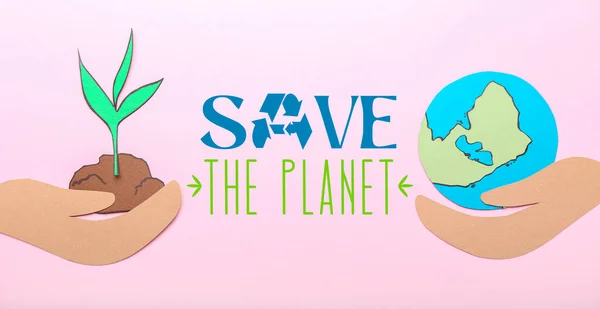 Paper Hands Earth Plant Pink Background Planet — Stock Photo, Image