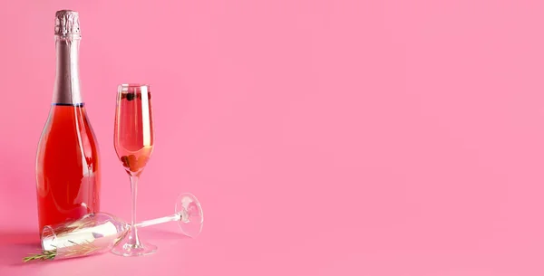 Bottle Champagne Glasses Pink Background Space Text — Stock Photo, Image