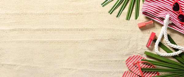 Set Beach Accessories Tropical Leaves Sand Banner Design — Stock Photo, Image