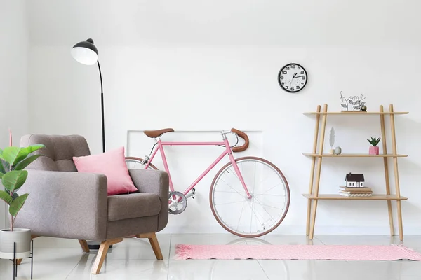 Interior Light Living Room Armchair Shelving Unit Bicycle — Stock Photo, Image