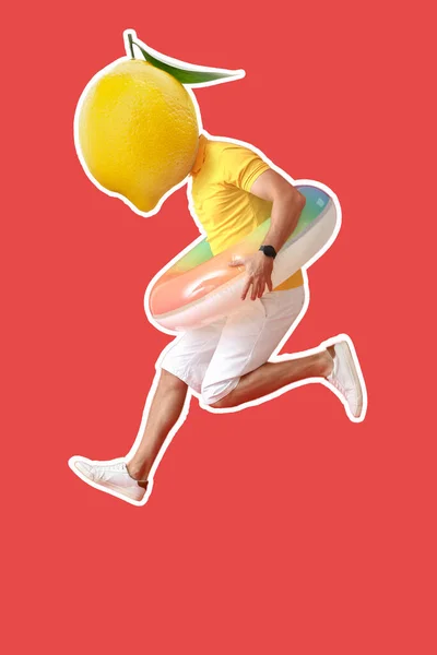 Jumping Man Ripe Lemon Instead His Head Swimming Ring Red — Stock Photo, Image