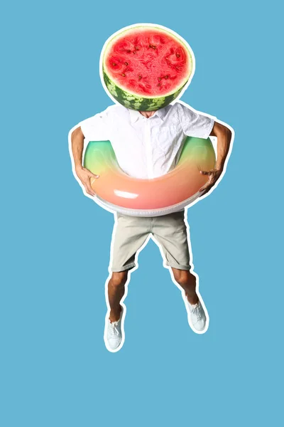 Jumping Man Ripe Watermelon Instead His Head Swimming Ring Light — Stock Photo, Image
