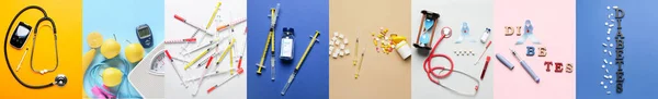 Colagem Glucosímetros Digitais Com Produtos Saudáveis Seringas Frasco Insulina Comprimidos — Fotografia de Stock