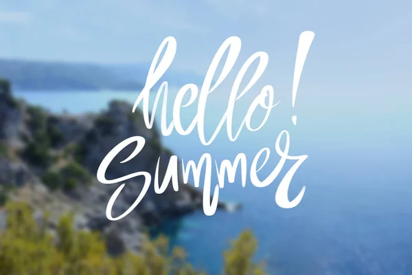 Text Hello Summer Blue Sea Mountains Resort — Stock Photo, Image