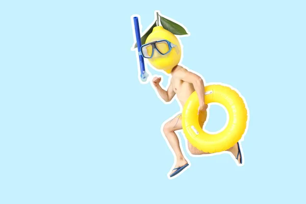 Jumping Man Ripe Lemon Instead His Head Snorkeling Mask Swimming — Stock Photo, Image
