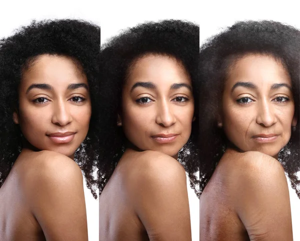 Portréty Afroamerické Ženy Různých Stádiích Stárnutí Bílém Pozadí — Stock fotografie
