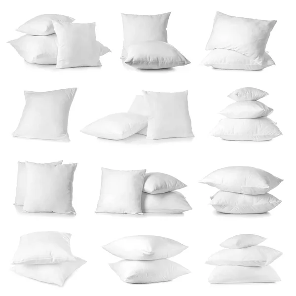 Set Many Soft Pillows Isolated White — Stock Photo, Image