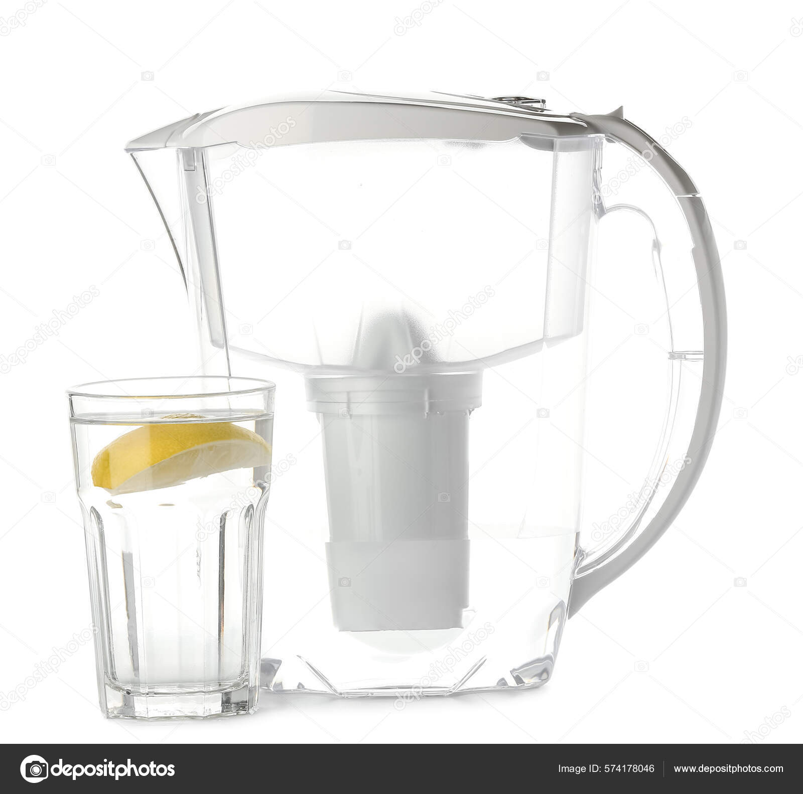 Filter Jug Glass Water Lemon Slice White Background Stock Photo by