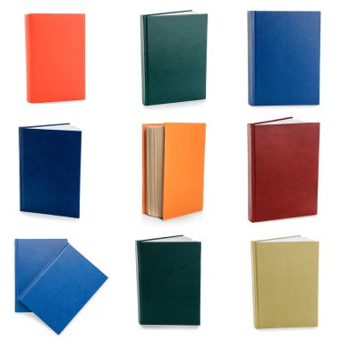 Beyaza izole edilmiş bir sürü farklı kitap.