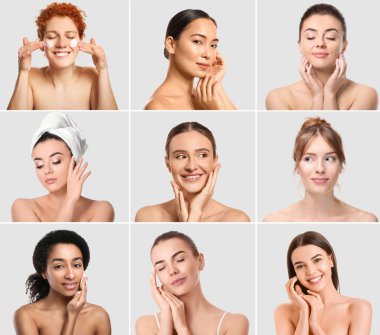 Farklı genç ve güzel kadınlarla kolaj yapmak. Cilt bakımı kavramı