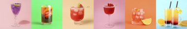 Renkli arka planda lezzetli kokteylleri olan bir kolaj.