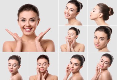 Genç ve güzel bir bayanla kolaj. Cilt bakımı kavramı