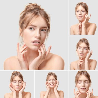 Genç ve güzel bir bayanla kolaj. Cilt bakımı kavramı