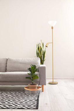 Rahat bir kanepe ve beyaz duvarın yanında modern bir lamba