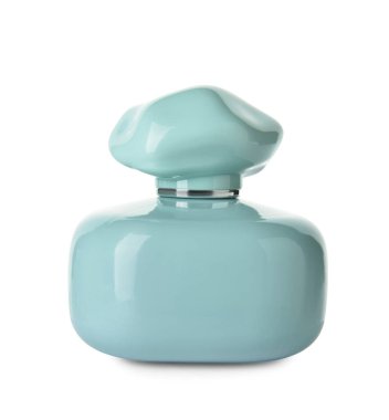 Beyaz arka planda bir şişe aromatik parfüm.