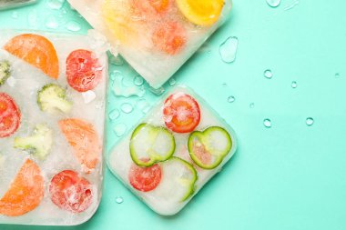 Turkuaz arka planda buzda dondurulmuş taze kesilmiş sebzeler.