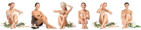 Conjunto Mulheres Bonitas Com Itens Spa Isolados Branco — Fotografia de Stock