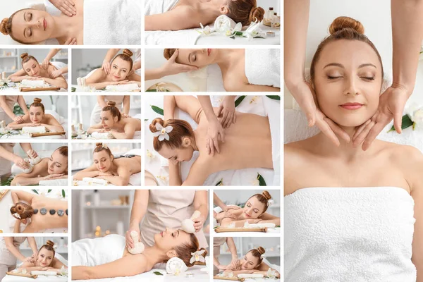 Collage Avec Belle Femme Mature Faire Masser Dans Salon Spa — Photo