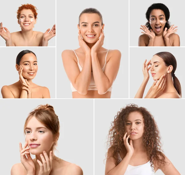 Κολάζ Διαφορετικές Ελκυστικές Νεαρές Γυναίκες Ελαφρύ Φόντο Έννοια Φροντίδας Δέρματος — Φωτογραφία Αρχείου