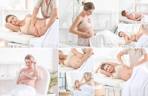 Colaj Femeie Gravidă Frumoasă Care Relaxează Salonul Spa — Fotografie, imagine de stoc